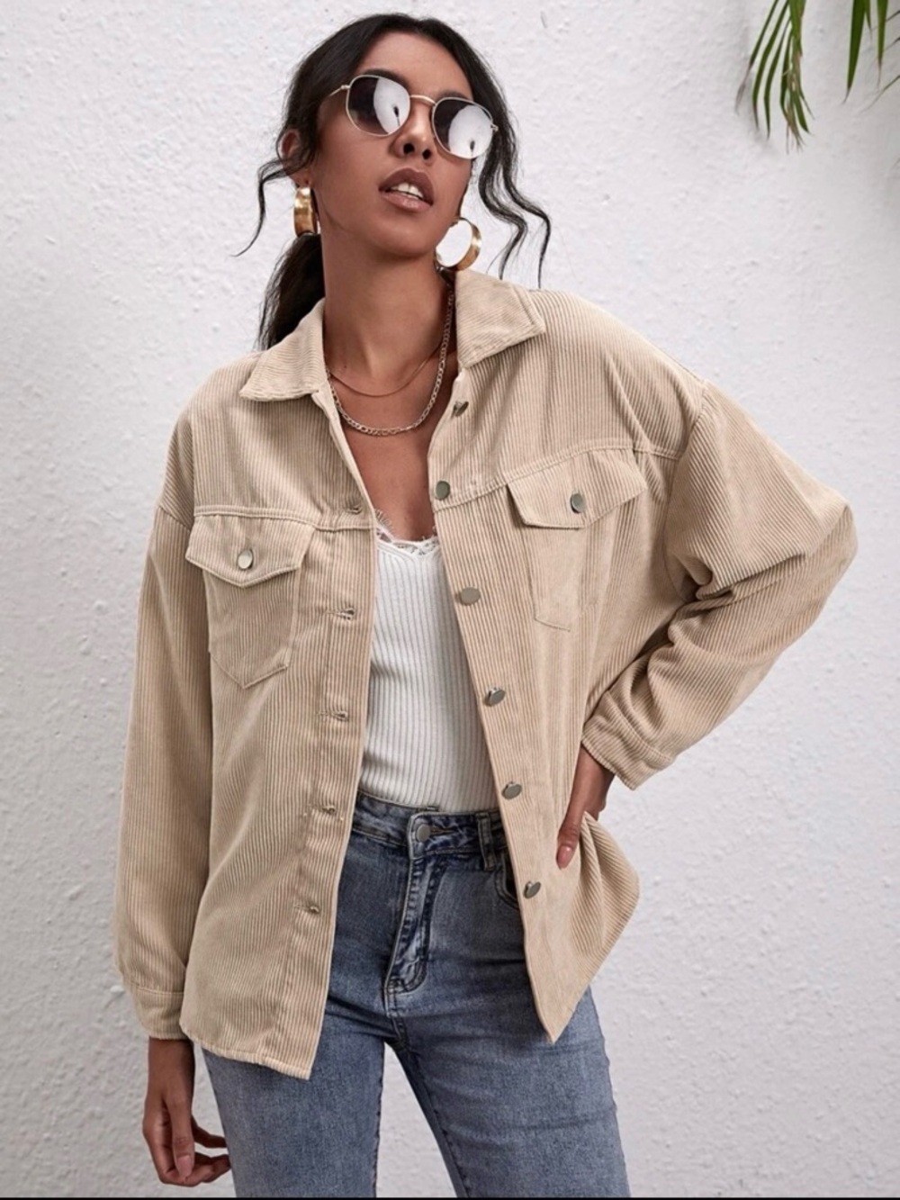 SHEIN Beige Tan Cream Corduroy Oversized Jacket Shirt Size L